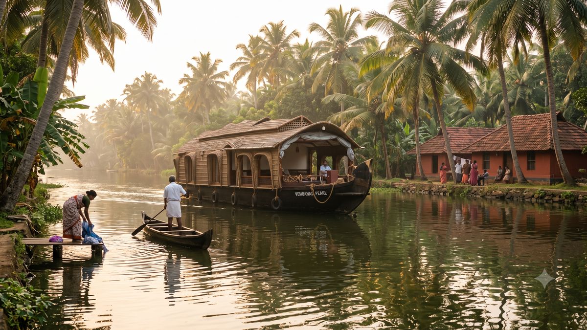 A houseboat passing a canal-side village on the Alleppey backwaters