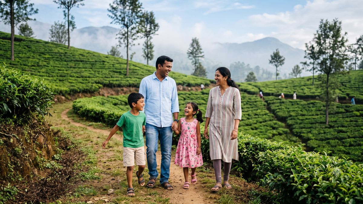 A family walking an estate path through the tea gardens near Munnar