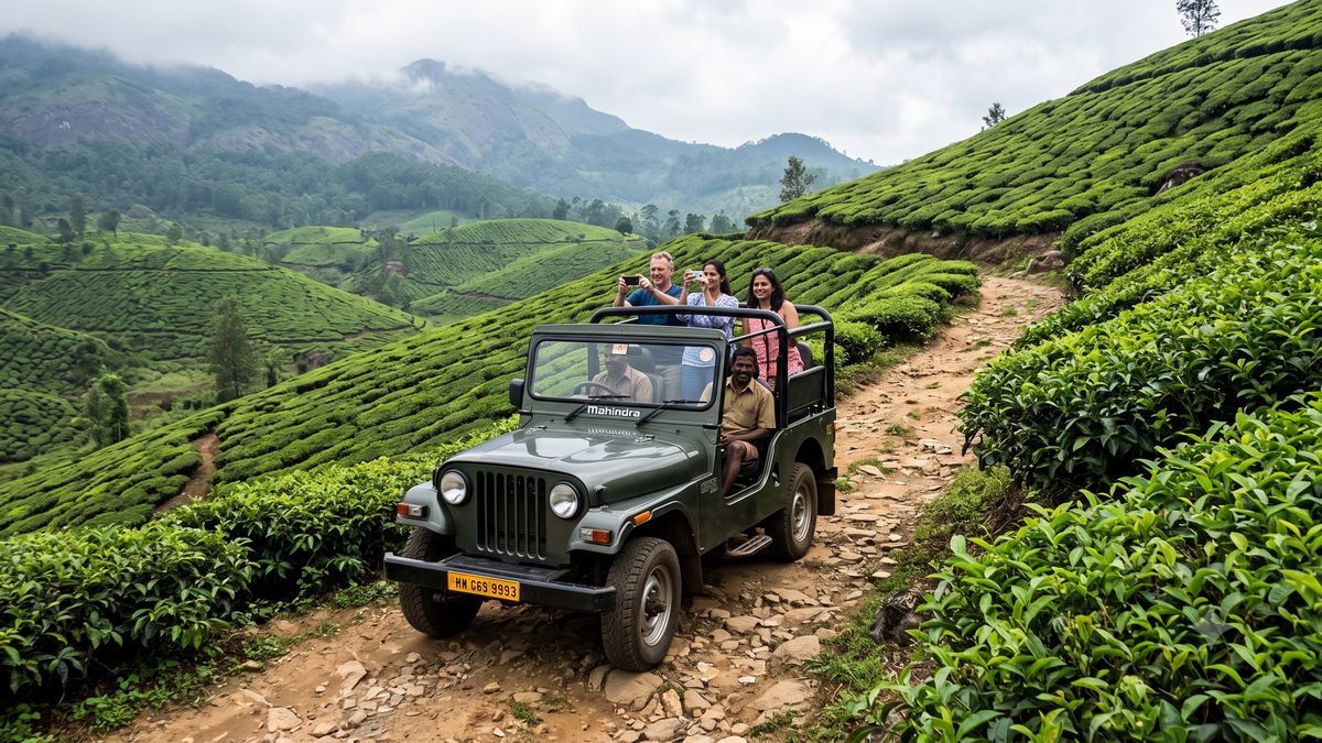An open jeep on the rough estate track up to Kolukkumalai near Munnar