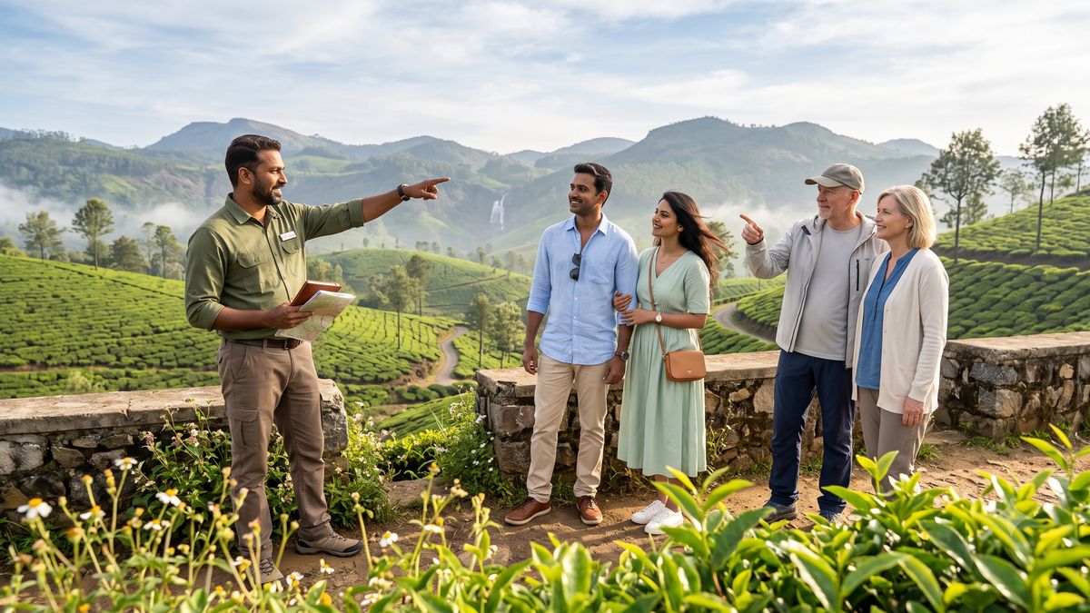 A local guide showing the Munnar tea country to overseas visitors