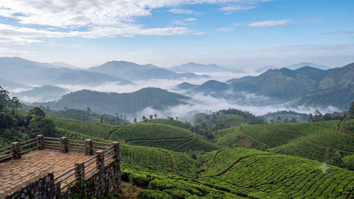 Tea-covered hills above Munnar with morning mist in the valley