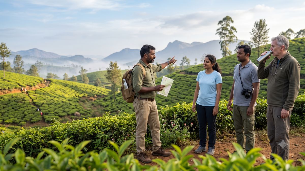 A guide leading a walking group through the Munnar tea estates