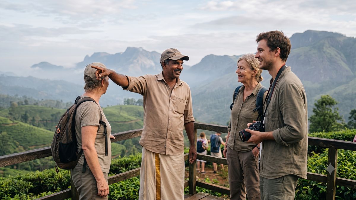 A guide with visitors at a railed viewpoint over the Munnar hills