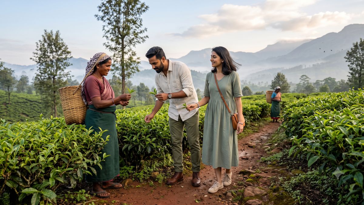 A tea picker showing visitors how leaves are picked on a Munnar estate