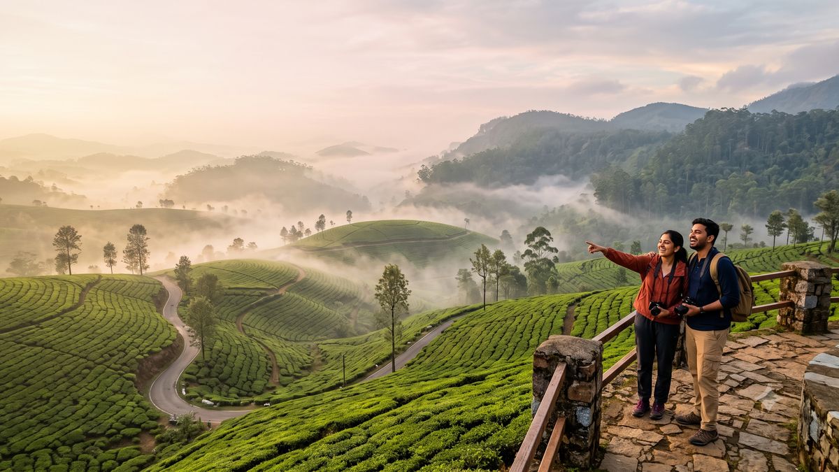 Visitors at a high viewpoint above the Munnar tea estates at sunrise